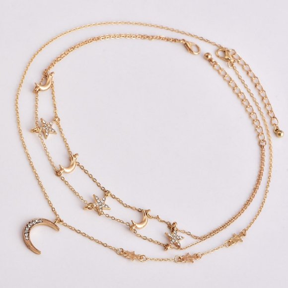 Gold Crescent Moon Star Choker Necklace - Picture 3 of 7
